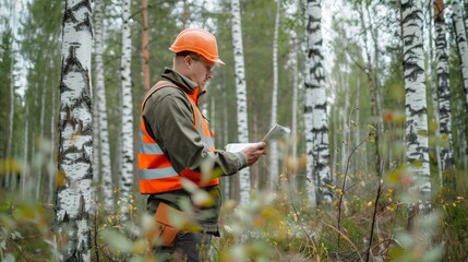 Forest engineer in safety uniform works in young birch forest with tablet computer.