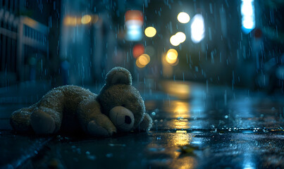 Amid strain a sad teddy bear rests on desolate night Teddy bear with torn eye illuminated by...