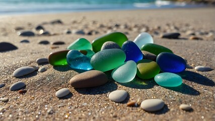 vibrant jewels on the shore. Sea glass with a grainy polish and stones near the shore. Close-up view of multicolored sea pebbles set in sparkling green and blue glass. Summer at the beach
