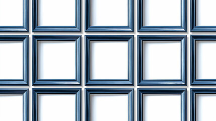 A row of blue picture frames with white borders