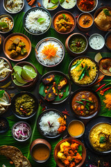 A colorful array of traditional Udupi food on Banana Leaf with South Indian Copper Cookware