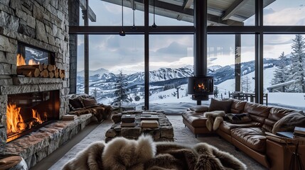 A living room in a luxury ski lodge with a large stone fireplace, cozy fur throws over leather seating, and a wall of windows showcasing snowy mountain views