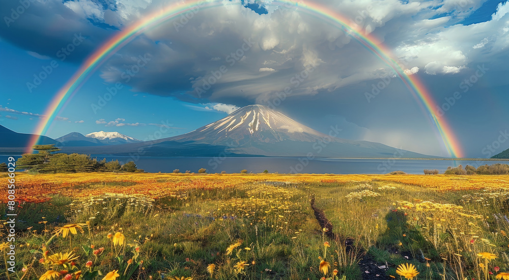 Poster A rainbow, in a field with a view of the volcano and lake. Generative AI.
