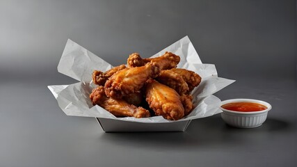 Crispy chicken wings in a paper box, fried chicken in a bucket isolated on a translucent background