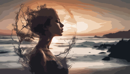 Silhouette einer Frau vor einem Sonnenaufgang am Meer. double - exposure Vektor - Grafik für Reisebüro