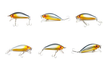 Set of illustrations. Collection of silver and gold sparkling fish shape plug lures with 3-way hooks. Fishing equipment isolated on white background.