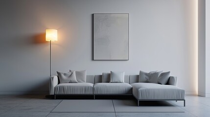A living room with a single statement piece of minimalist art, a low-profile sectional sofa, and a single, elegant floor lamp