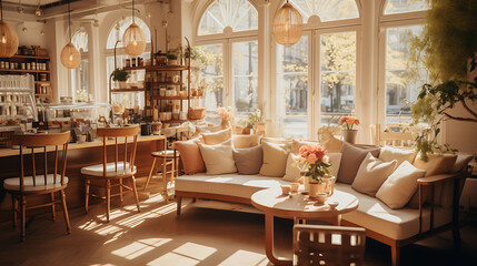 A Swedish fika caf?(C), where friends gather for coffee and pastries like cinnamon buns and princess cake, in a cozy setting with comfortable seating and soft lighting.