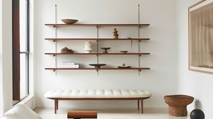 A living room with a single, wall-mounted modular shelving system, and a minimalist white leather bench