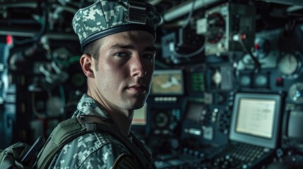 The picture of the military officer is working as technician to maintenance the server of the classified information, technician requires knowledge of the technical electrical and mechanical. AIG43.