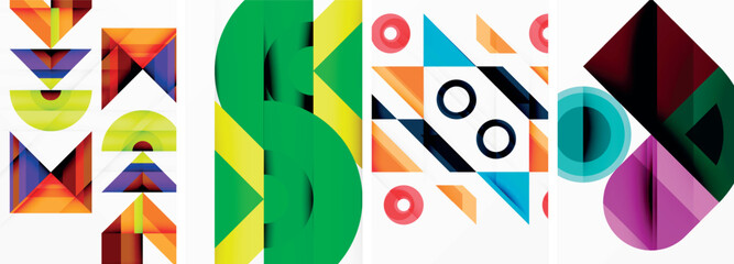 Vivid geometric shapes such as rectangles, circles, and triangles in electric blue and various tints and shades create a symmetrical pattern on a white background, making a colorful art display