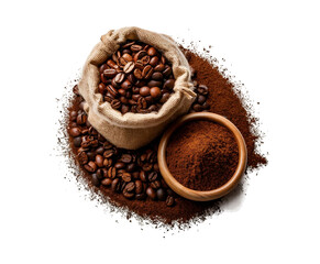 Obraz premium Set of fresh roasted Coffee beans in the air close -up isolated transparent background Ai generative.