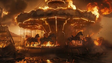 A carnival ride is on fire, with a large fire in the background - Powered by Adobe