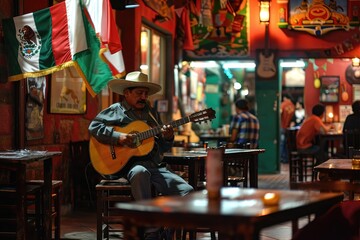A man in a hat is playing a guitar in a restaurant