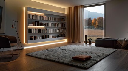 A living room with a single, floor-to-ceiling bookcase with integrated LED strip lighting, and a modernist wool rug