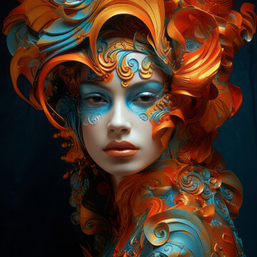 Beautiful woman portrait in carnival cotume contemporary art. Girl portrait. Natural beauty, health, makeup concept. Background for design card, banner, flyer, poster