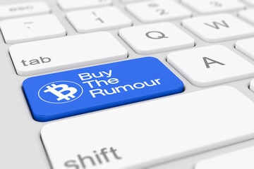 3d render of a white keyboard with blue buy the rumour button.