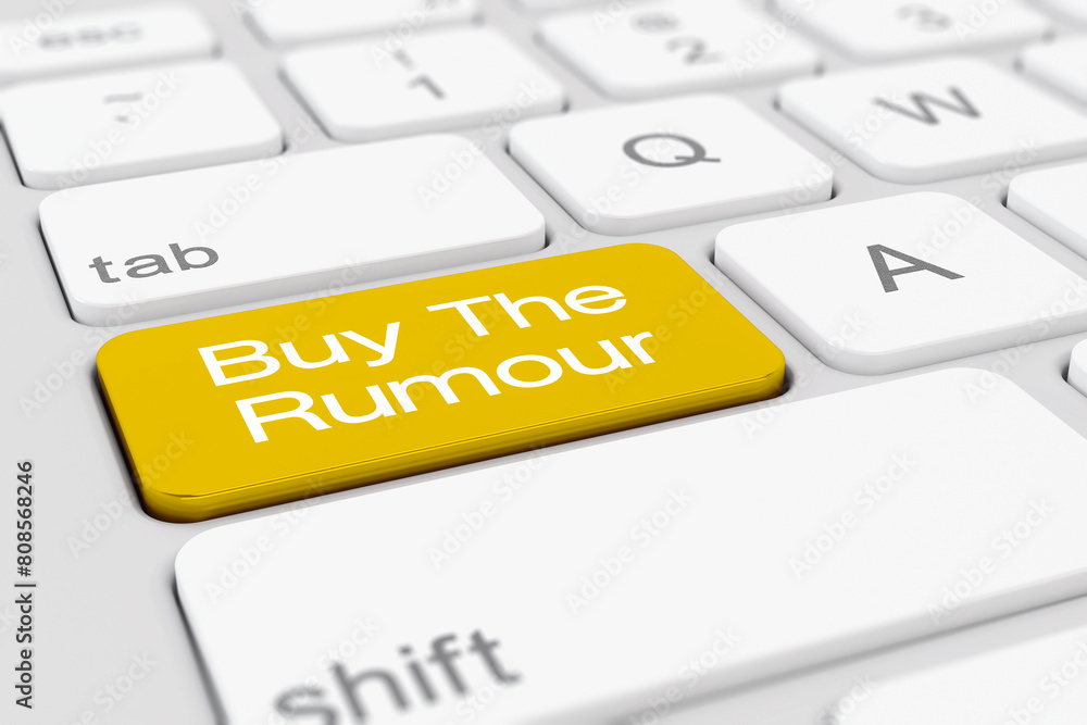 Poster 3d render of a white keyboard with yellow buy the rumour button.