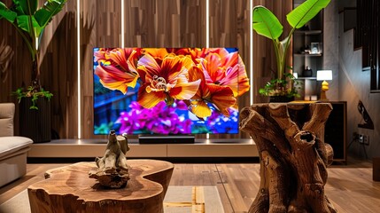 A living room with a single, sculptural tree trunk side table, and a backdrop of a smart OLED TV wall