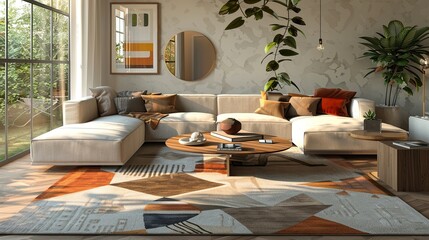A living room with a single, bold geometric rug, a low-profile sectional in a neutral palette, and a smart coffee table with touch controls