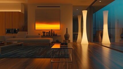 A living room with a single, sculptural floor-to-ceiling light installation, and a sleek, glass-top side table