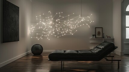 A living room with a single, artistic LED light fixture resembling a constellation, and a minimalist black leather daybed