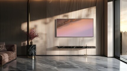 A living room with a single, wall-mounted smart art frame and a sleek, black marble side table