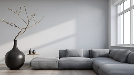 A living room with a single, oversized matte black floor vase with a single sculptural branch, and a low-profile grey sectional