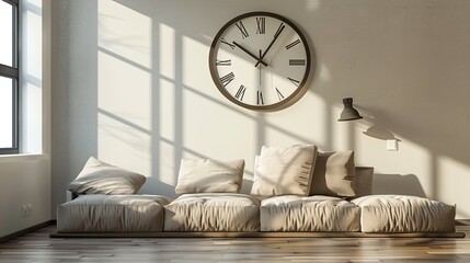 A living room with a single, oversized minimalist clock, and a low-profile modular couch in a soft fabric