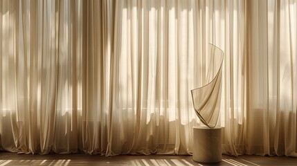 A living room with a single elegant glass sculpture on a pedestal, set against a backdrop of sheer linen curtains