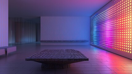 A living room with a single, modernist stone table and a backdrop of a smart, LED light wall