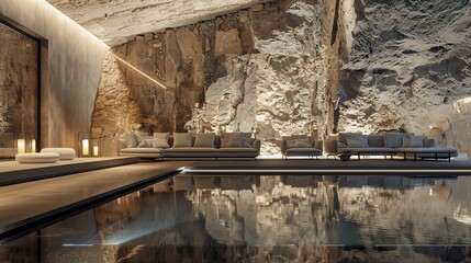 A living room with a single, reflective infinity pool floor, and a backdrop of a sleek, monolithic stone wall