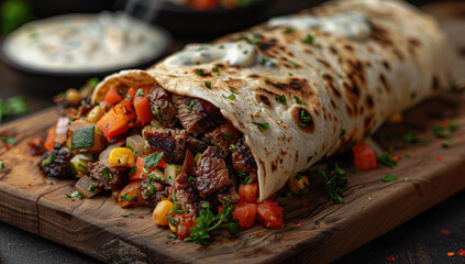 Beef and mixed vegetables wrapped in soft tortilla with ranch dressing on the side. Created with AI