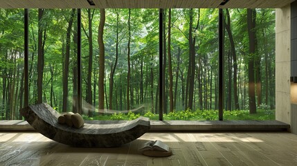 A living room with a single, wall-to-wall smart window displaying a virtual forest, and a modernist stone chaise lounge