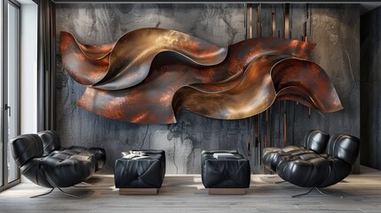 A living room with a single, oversized abstract metal wall art, and a pair of modernist black leather cube seats