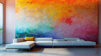 A living room with a single large, abstract painting in soothing colors, complemented by a sleek, low-profile sofa