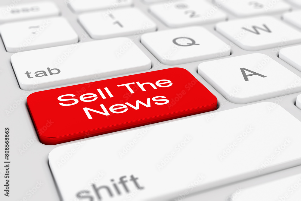 Poster 3d render of a white keyboard with red sell the news button.