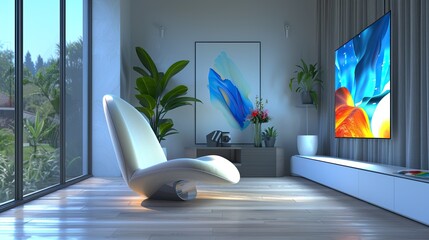 A living room with a single, artistic smart screen display and a minimalist, curved lounge chair