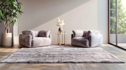 A living room with a single large, plush area rug, a pair of minimalist armchairs, and a single, elegant side table