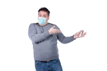 Taking care of your health and cold season. Funny fat man in a medical mask.