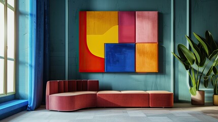 A living room with a single, wall-mounted modular art piece in vibrant colors, and a low-profile velvet sofa