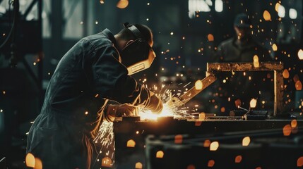 Workers weld steel in the production process of turning, planing, filing and casting. Industrial labor. Illustration.