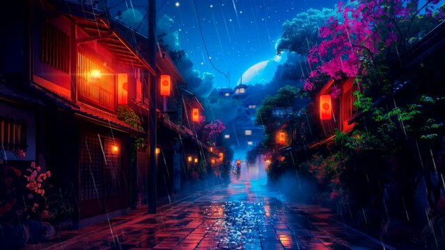 Rainy night urban atmosphere with neon light, lofi background music. looping time-lapse video animation