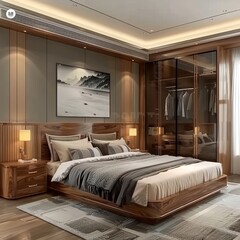 Modern bedroom elegance  wooden wardrobe with glass sliding doors for contemporary living