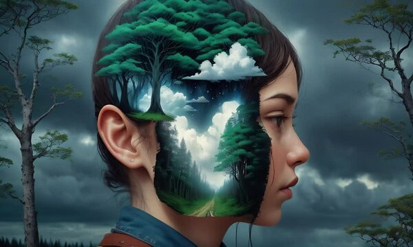 Generative ai motion animation of a girl with a forest landscape superimpose on her head