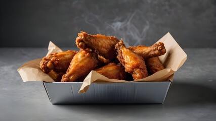 Crispy chicken wings in a paper box, fried chicken in a bucket isolated on a translucent background