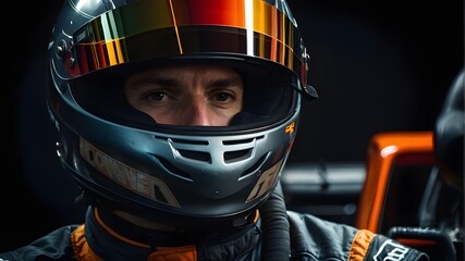 a helmet-wearing race driver in picture. Formula One driver against a dark background. banner including a copy area, a competitor wearing a helmet.