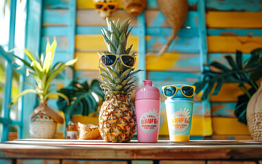 A pineapple and coconut wearing sunglasses and sunblock, standing against a bright, solid colored background