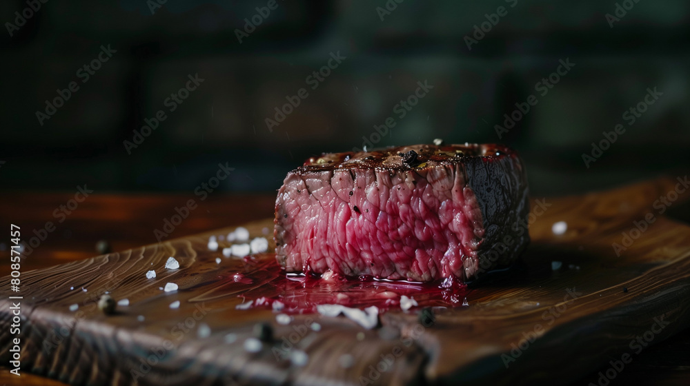 Wall mural A tempting piece of medium rare beef steak is displayed on a board, exuding deliciousness with a pink color in the middle, Ai generated Images