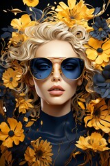 Blonde Woman in Blue Sunglasses Surrounded by Flowers